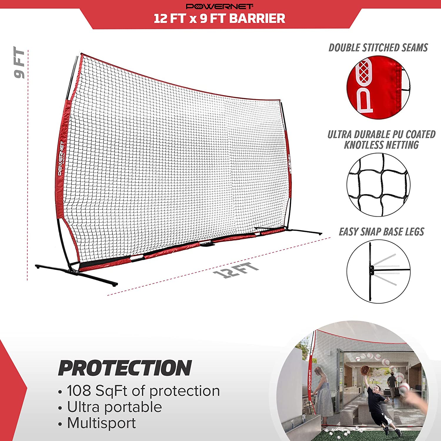 PowerNet 12 ft x 9 ft Sports Barrier Net - Maximum Velocity Sports
