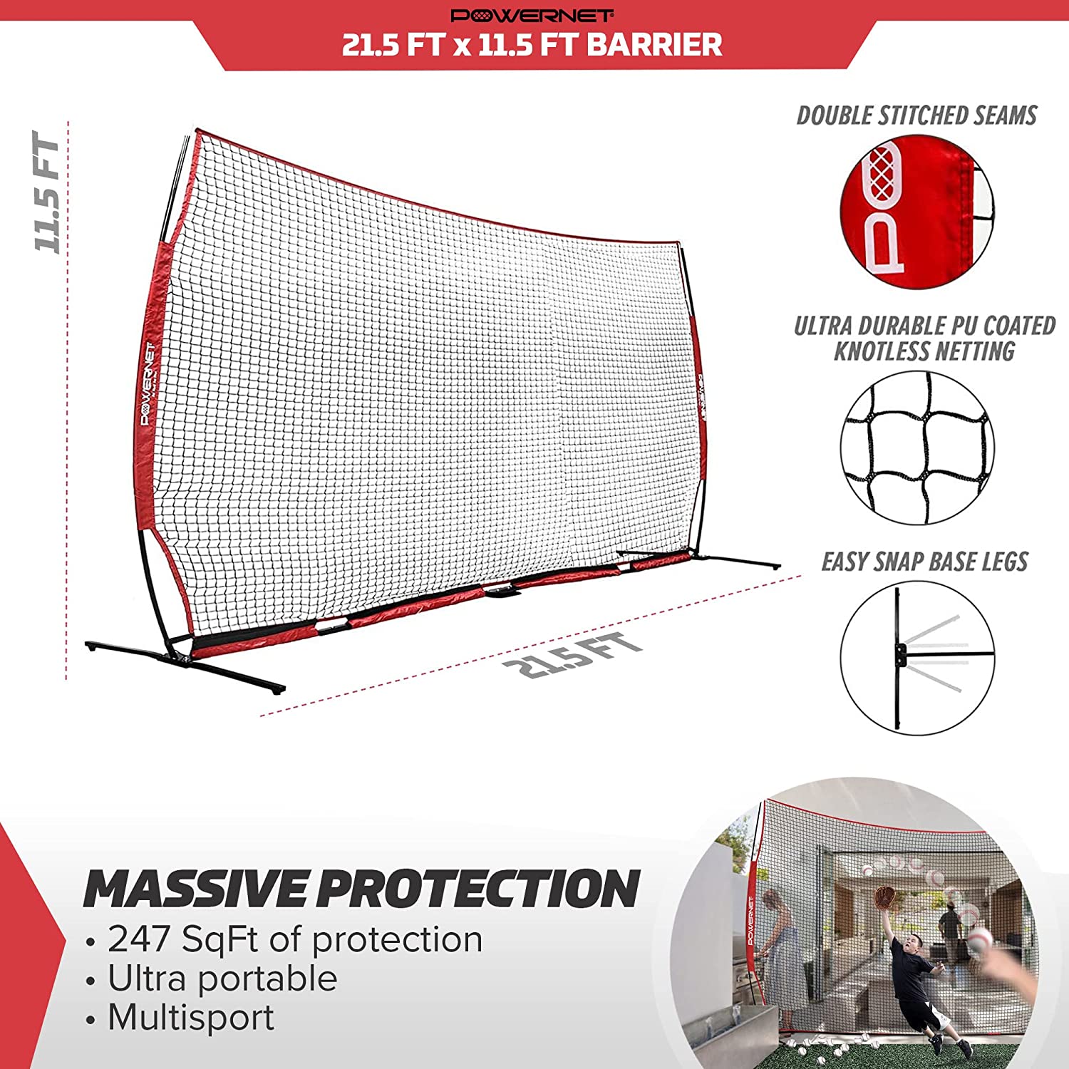 PowerNet XL Sports Barrier Net 21.5 ft x 11.5 ft - 247 SqFt of Protection - Maximum Velocity Sports