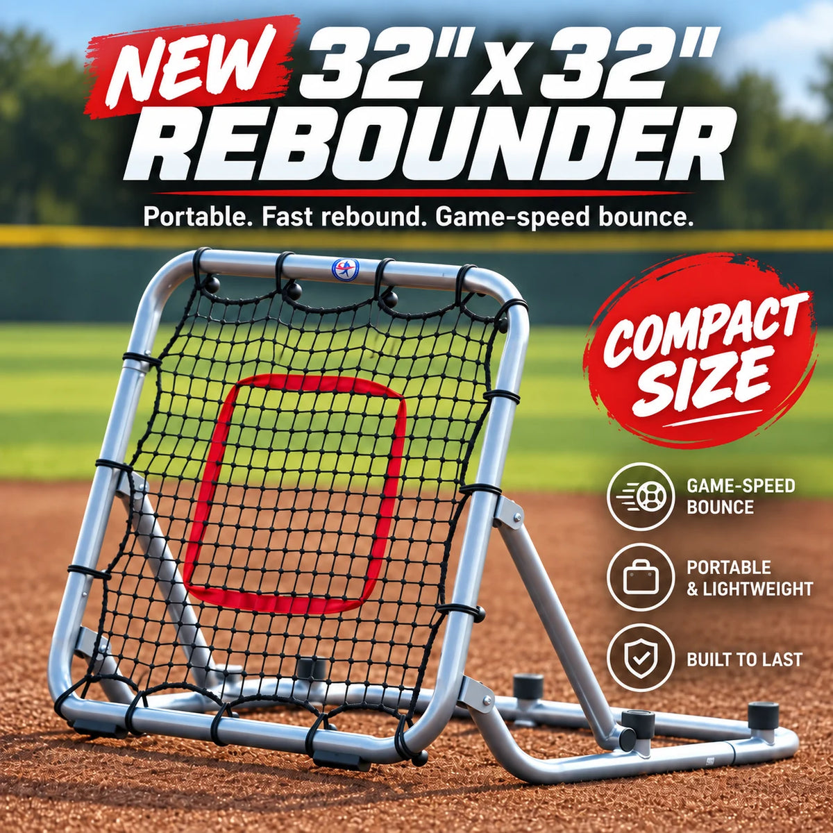 MVS Compact 32 baseball and softball rebounder with silver frame, black net and red target on a baseball field.