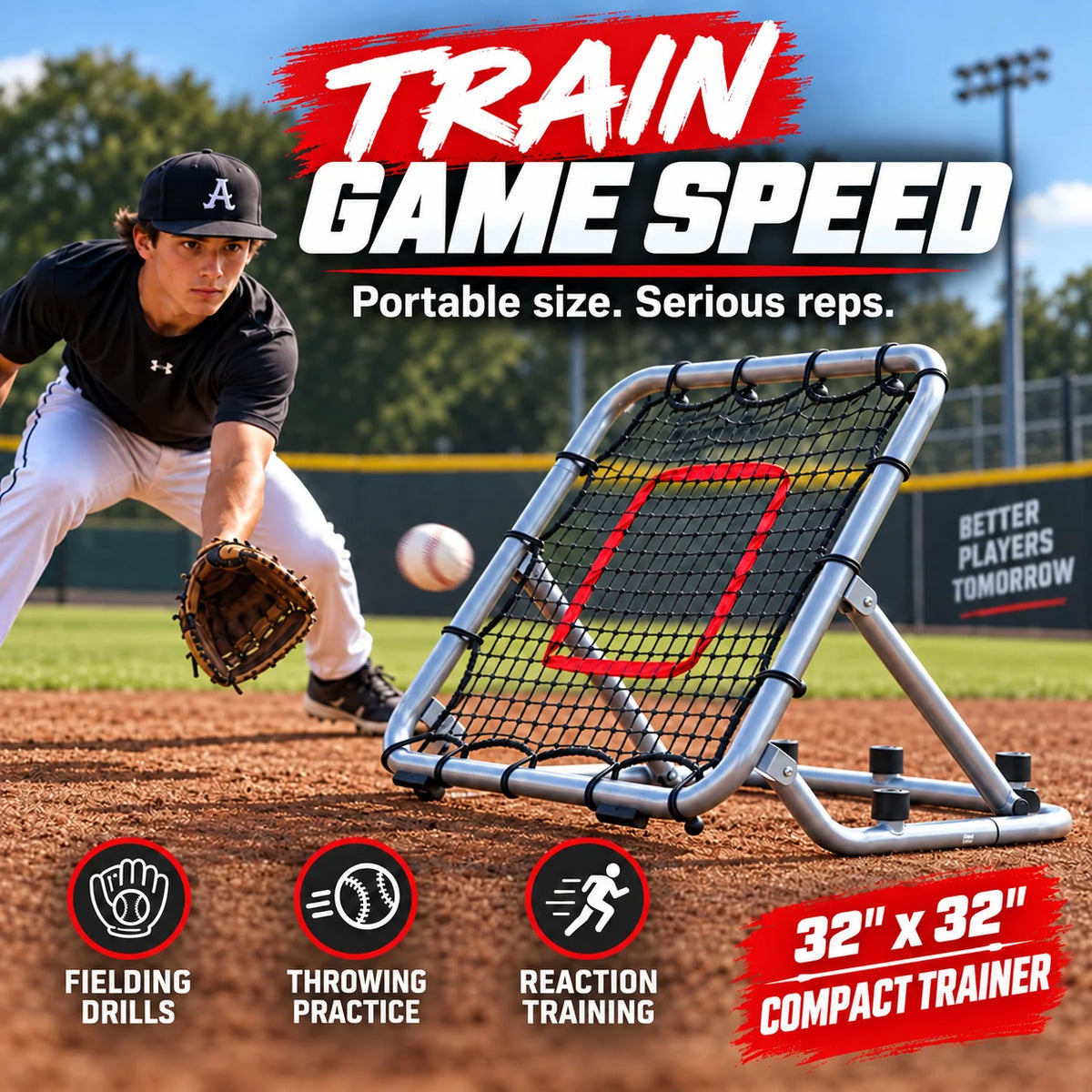 Baseball fielding training graphic showing a player beside the MVS Compact 32 rebounder.