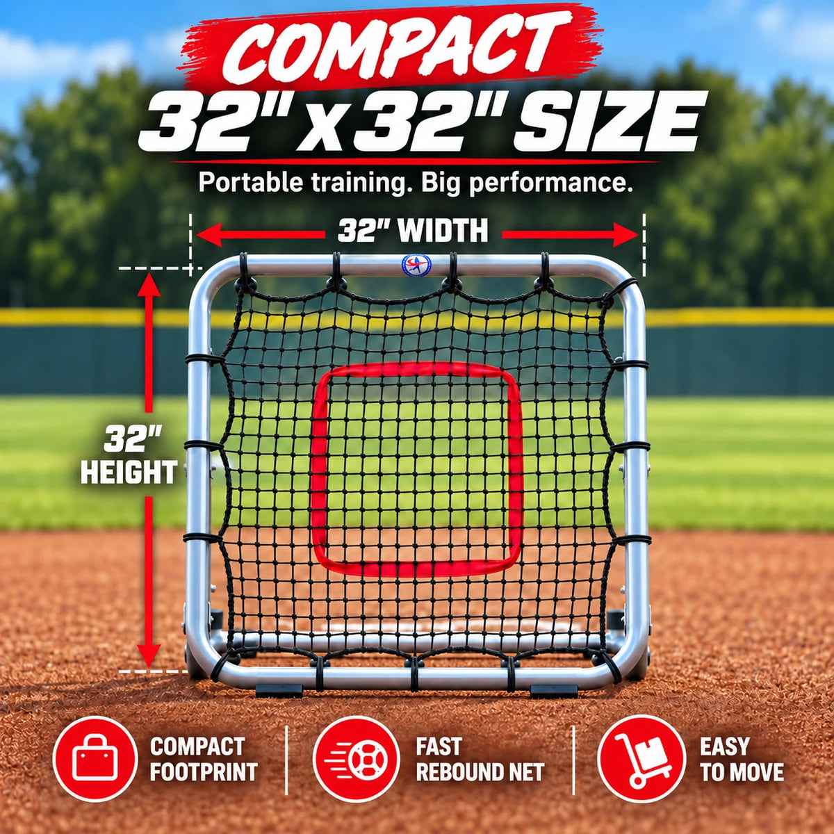 Front view of the MVS Compact 32 rebounder with arrows showing its 32-inch width and 32-inch height.