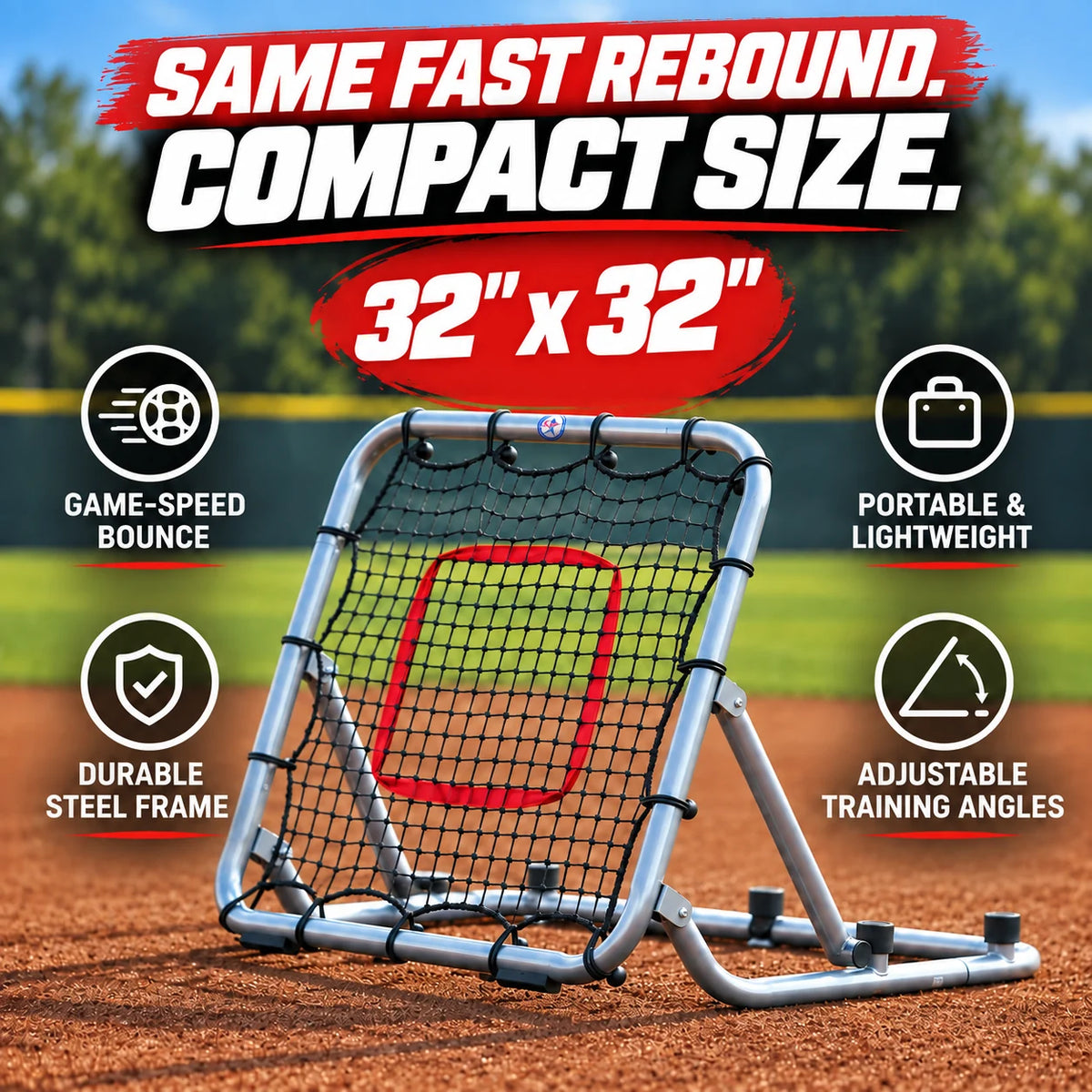 MVS Compact 32 rebounder feature graphic highlighting its steel frame, rebound net and adjustable training angles.
