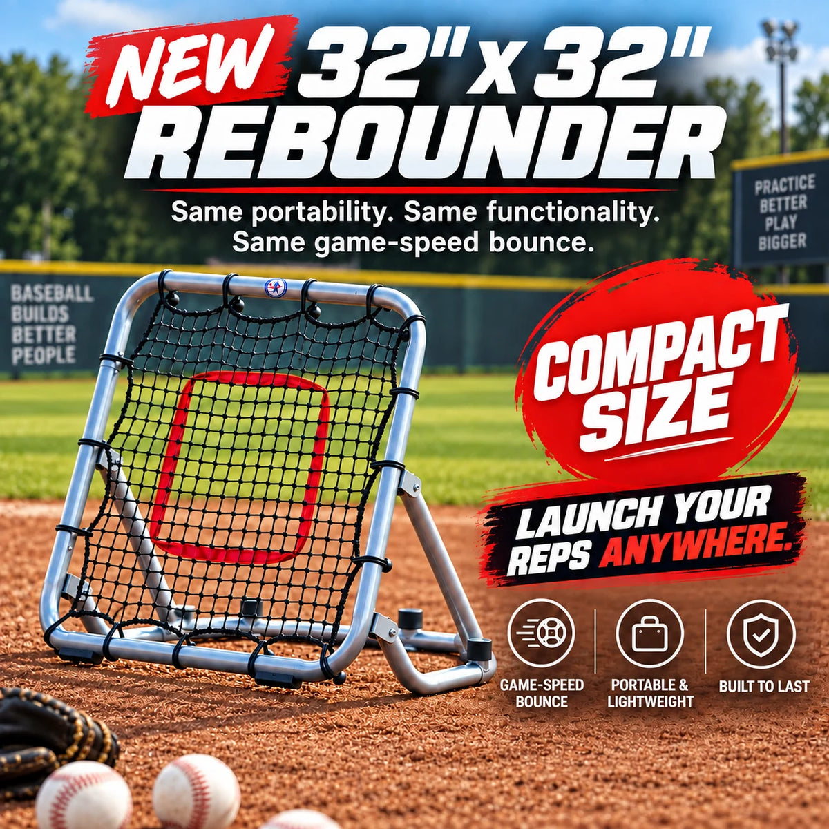 Portable MVS Compact 32 rebounder on an infield with a red strike-zone target and angled support frame.