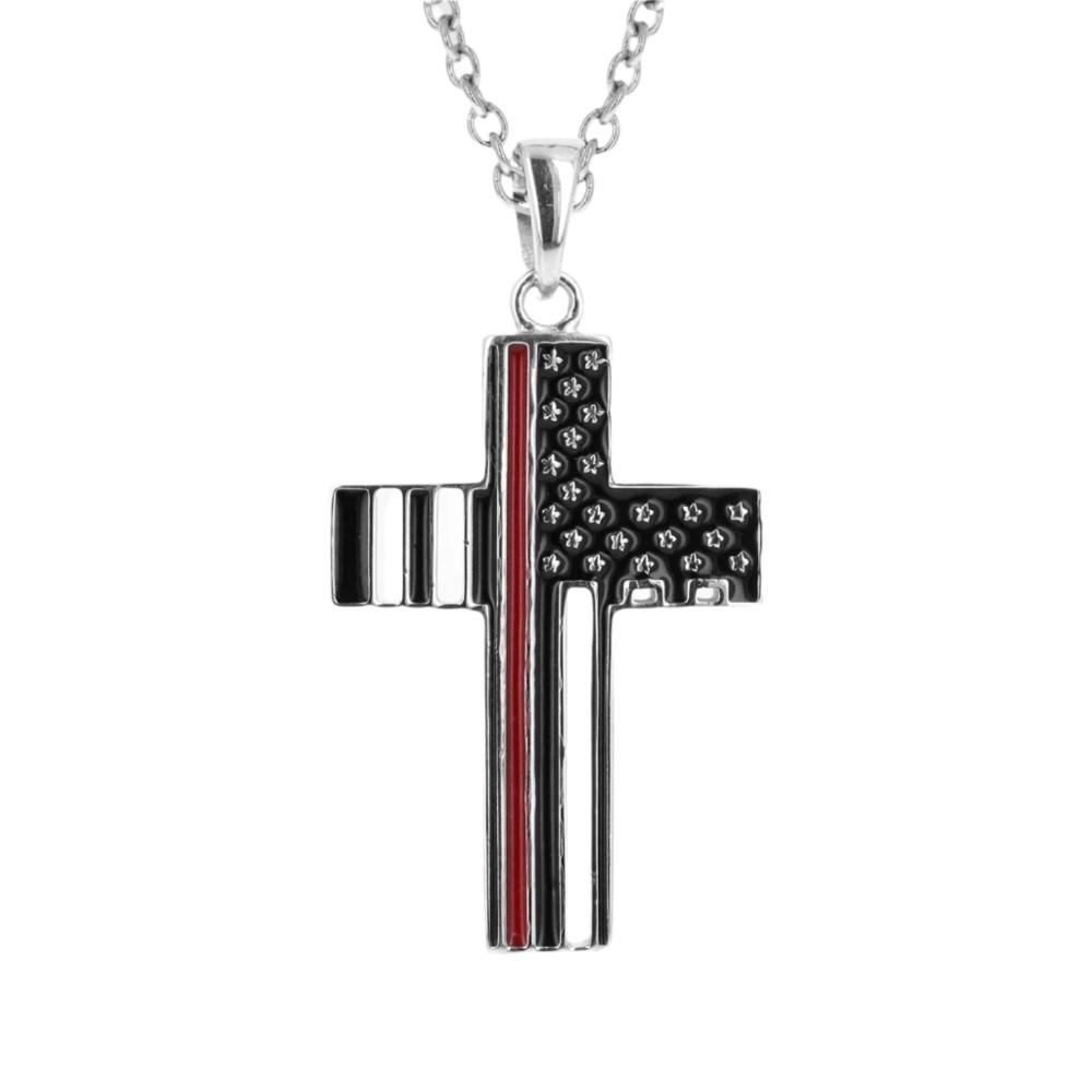 Firefighter Thin Red Line American Flag Cross Necklace - Maximum Velocity Sports
