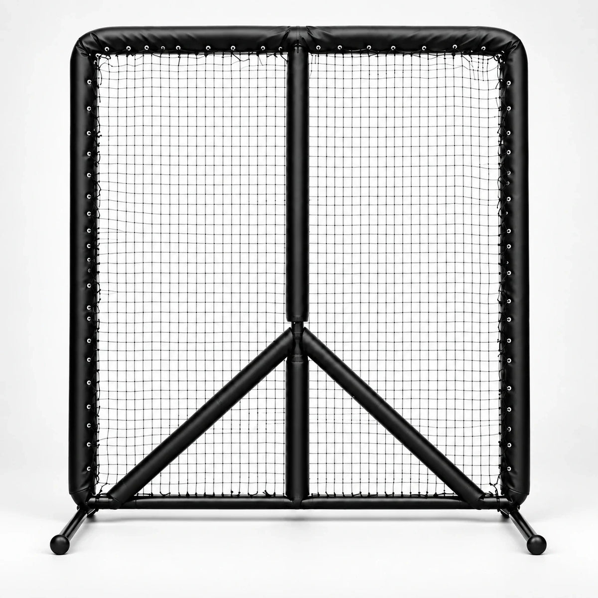 AI-assisted studio visualization of the black Muhl Tech Pro 10x10 Field Screen with center post and diagonal braces.