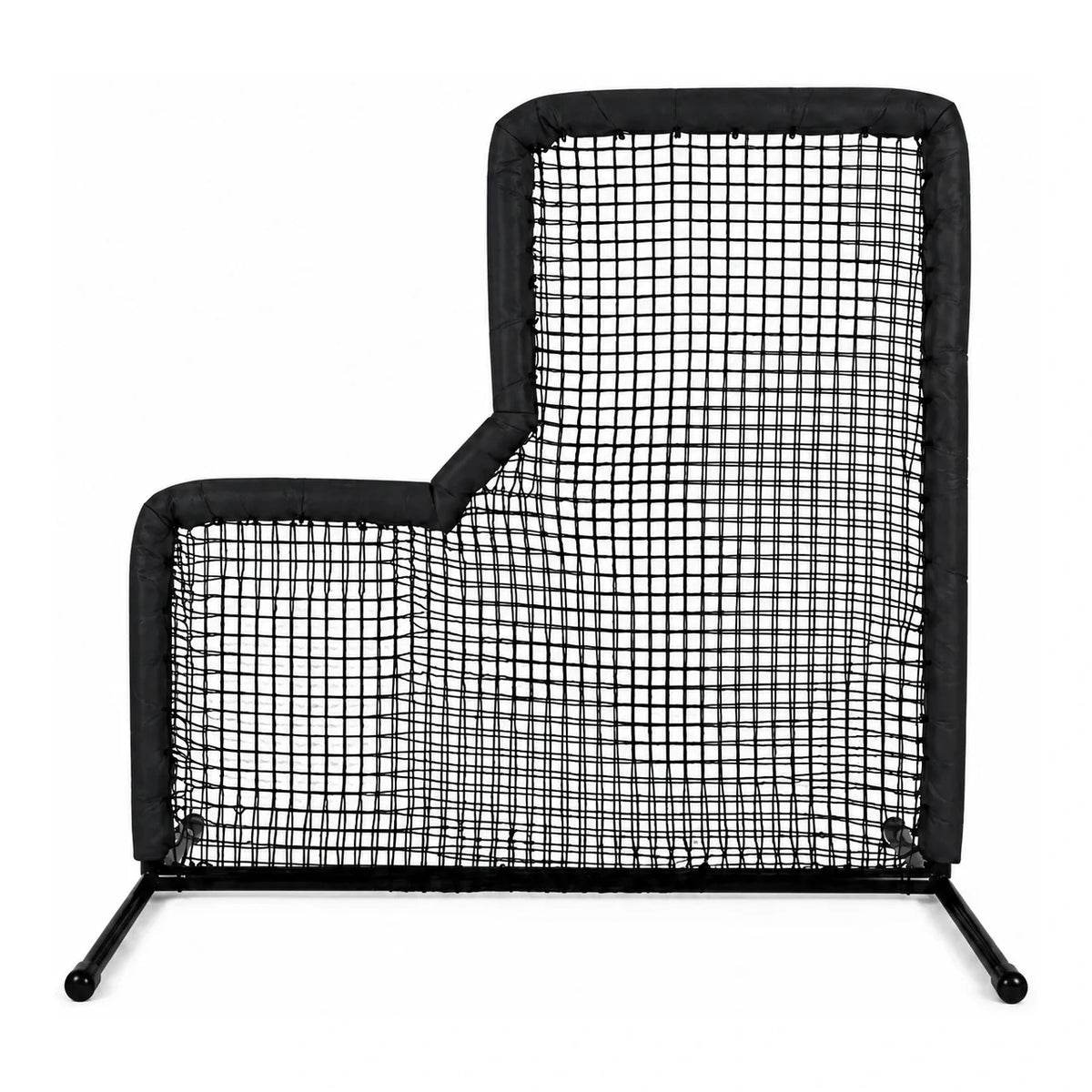 Muhl Tech Pro 7x7 L-Screen with black padding, angled throwing cutout and net, shown without wheels.