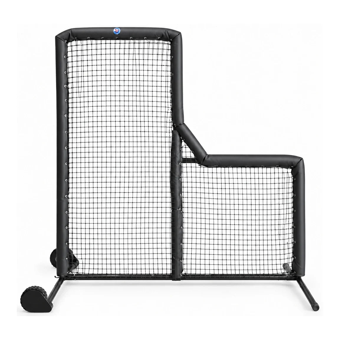 Muhl Tech Pro 8x8 L-Screen with black padding, angled throwing cutout, center upright and Pro wheels.