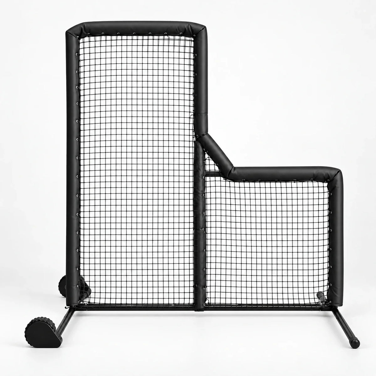 AI-assisted studio visualization of the black Muhl Tech Pro 8x8 L-Screen with center upright and wheel kit.