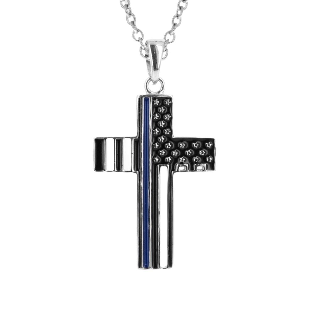 Police Thin Blue Line American Flag Cross Necklace - Maximum Velocity Sports