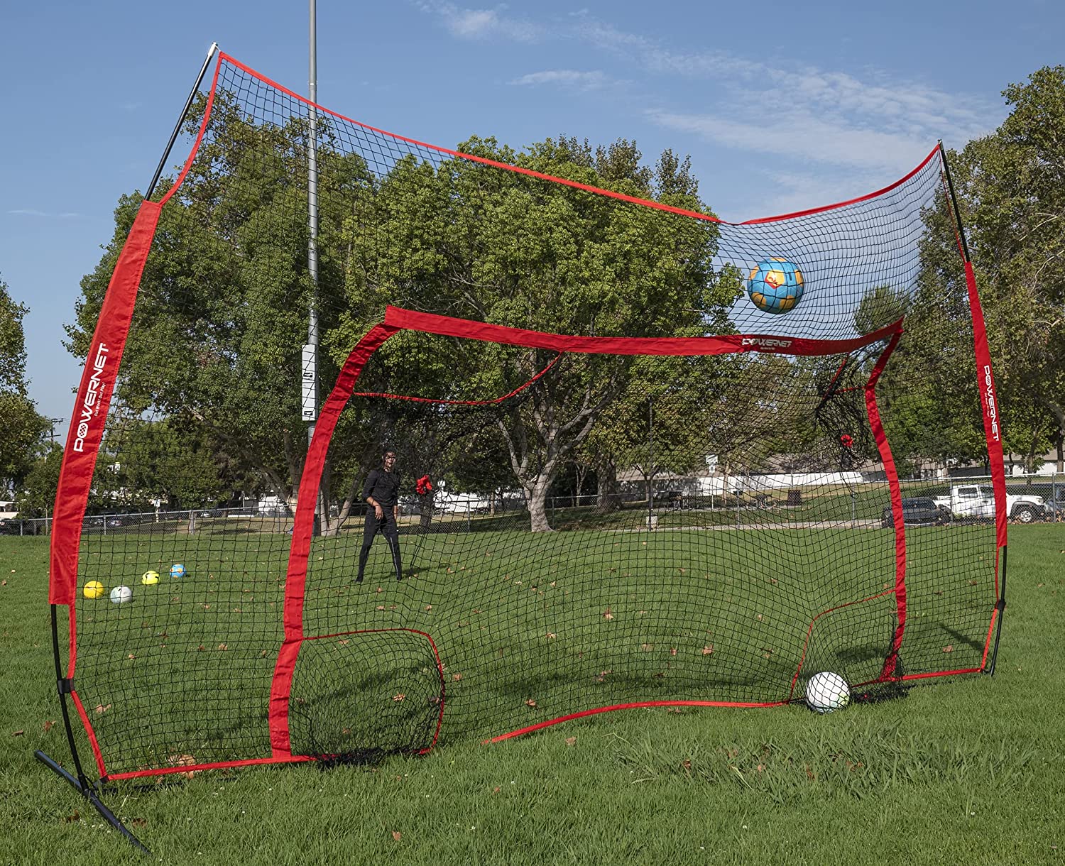 PowerNet Soccer Goal, 16x10 Ft Soccer Training Equipment Combo Barrier Soccer Net - Maximum Velocity Sports