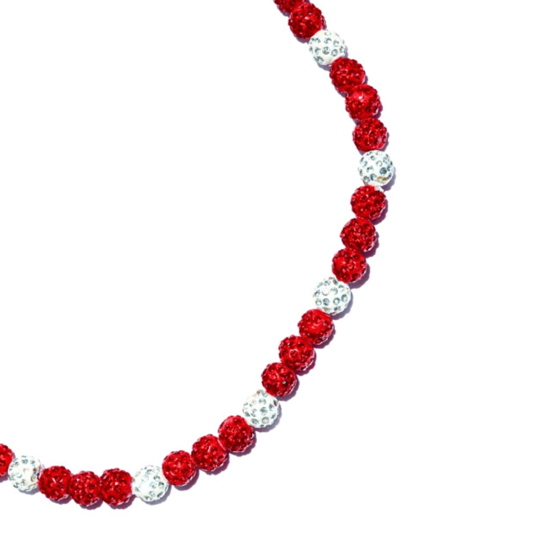 Red Zone Iced Out Baseball Bead Necklace | Red & White - Maximum Velocity Sports