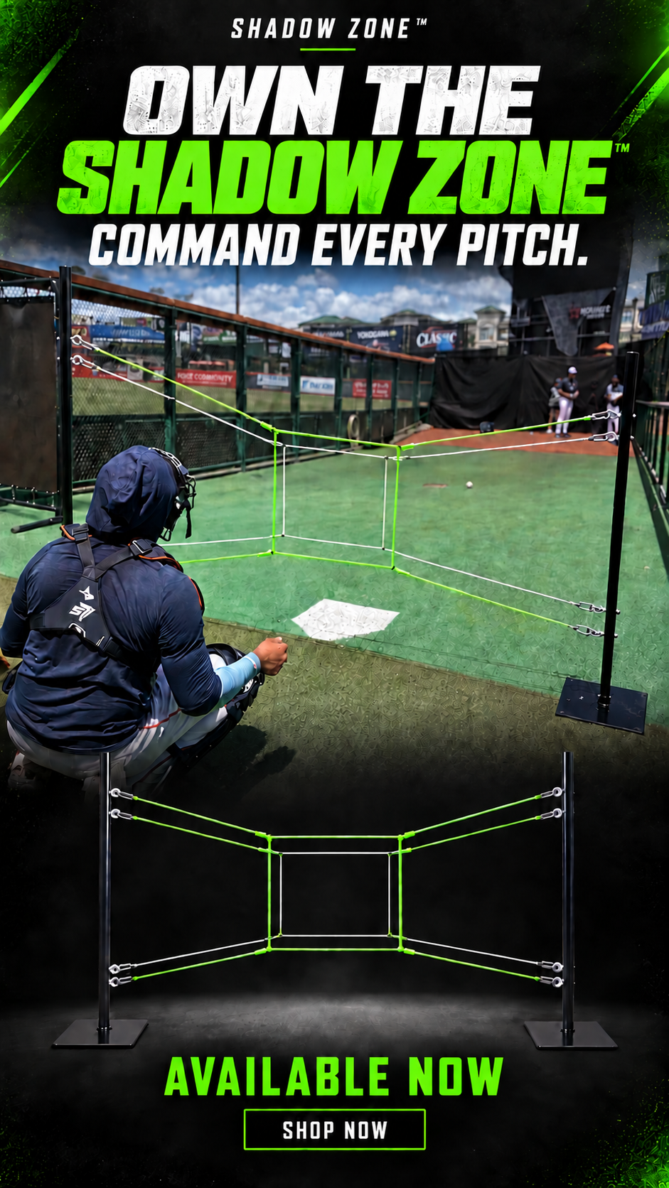 Shadow Zone adjustable pitching target with two upright poles and two nested cord strike zones.