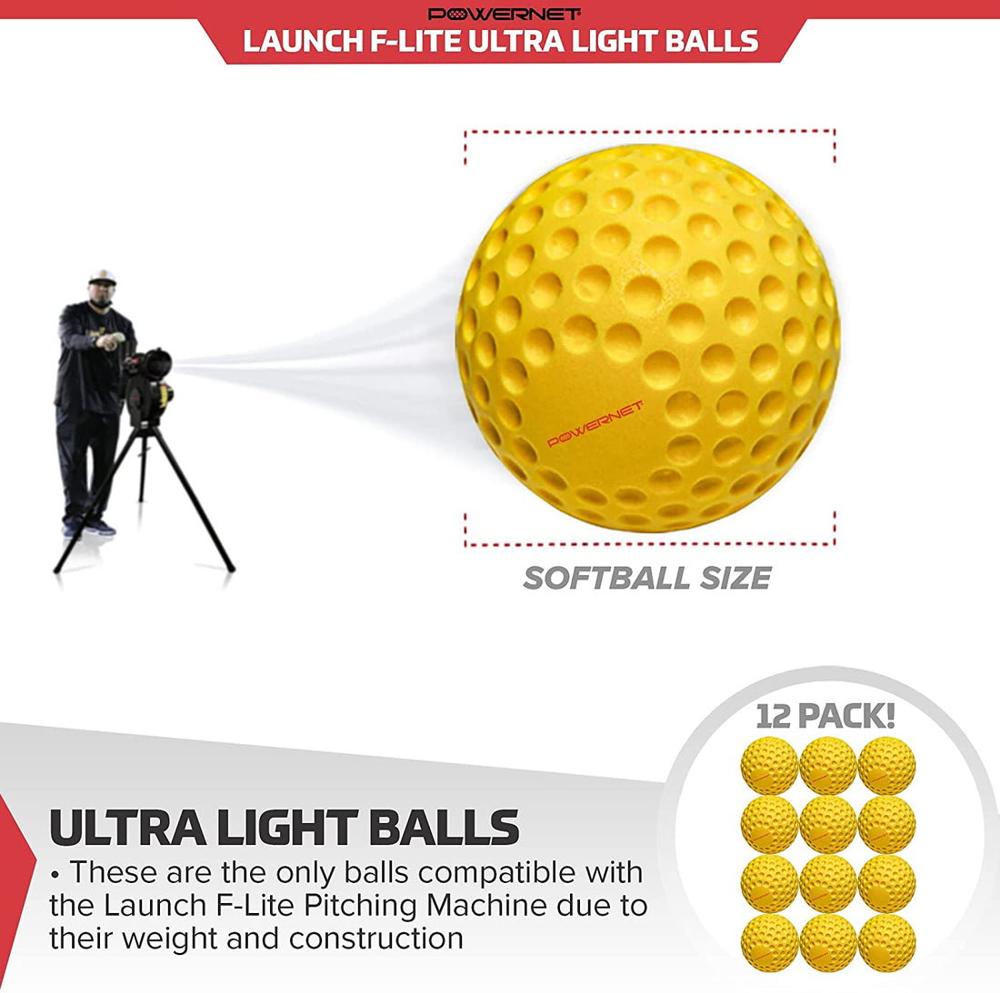 PowerNet Launch F-lite Ultra Light Dimpled Practice Balls for Pitching Machine - Maximum Velocity Sports