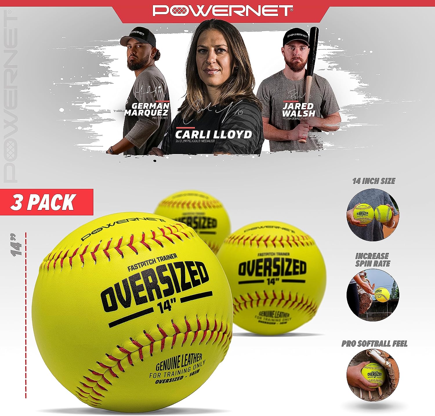 Powernet Oversized Softball 3-Pack | 14 Inch Ball Genuine Leather - Maximum Velocity Sports