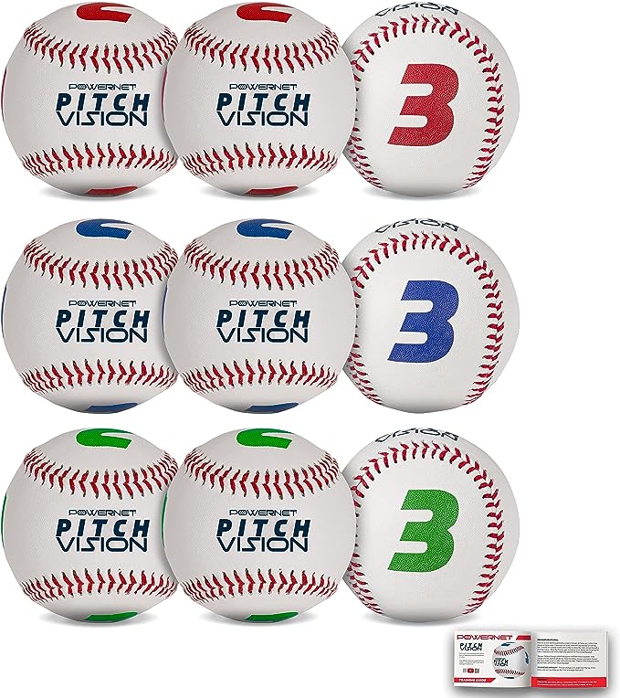 Powernet Pitch Vision Training Baseballs 3 or 9 Pack | 4 Numbered Sides | Multicolored - Maximum Velocity Sports