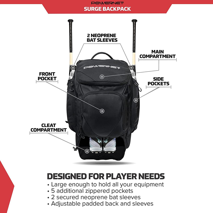 PowerNet Surge Baseball Softball Dual Bat and Equipment Backpack Bag - Maximum Velocity Sports