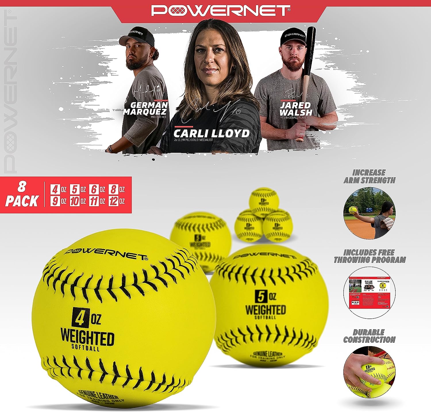 Powernet Weighted Softballs | 8 Different Weights Included | 4 to 12 oz - Maximum Velocity Sports
