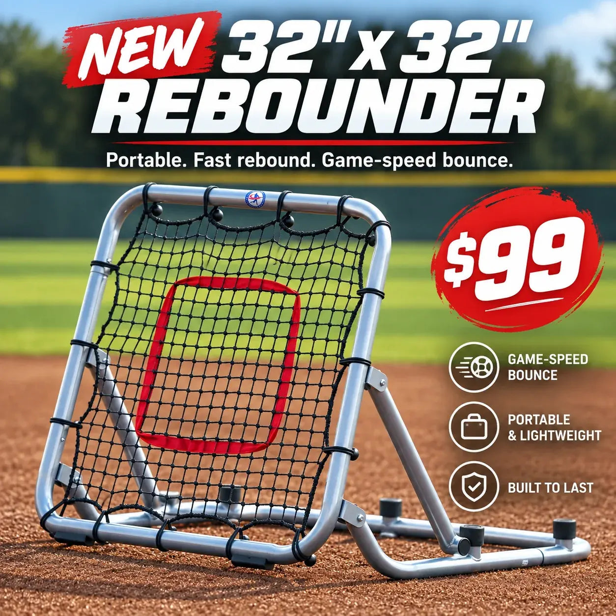 Portable 32 by 32 inch baseball and softball rebounder on an infield