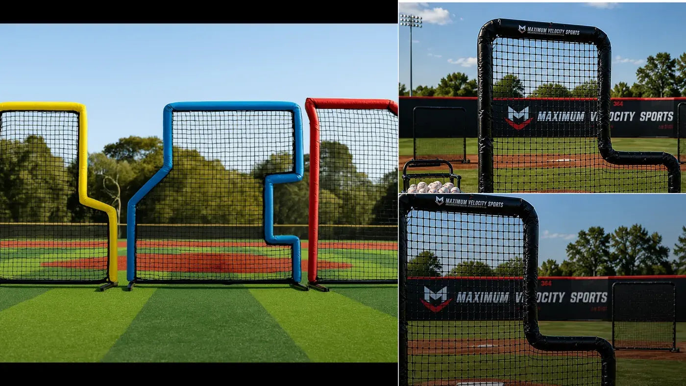 Collage of multicolored field screens, a ball cart and a padded baseball screen