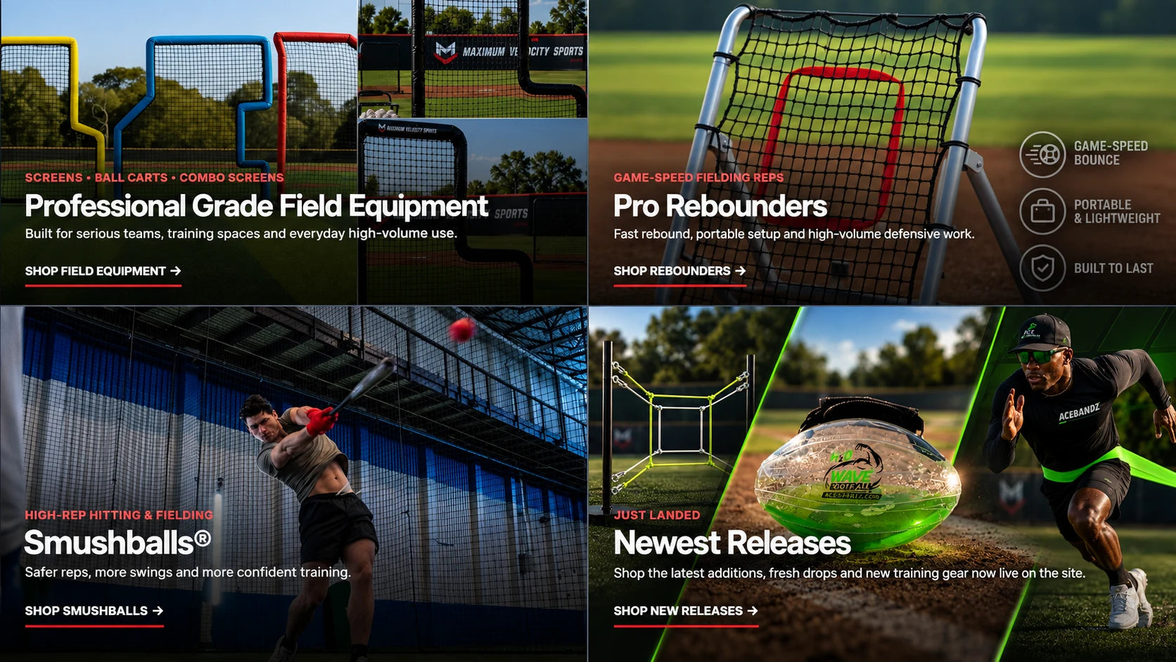 Maximum Velocity Sports field equipment, Pro Rebounders, Smushballs, and a new-releases collage featuring Shadow Zone, a water-filled football, and ACEBANDZ training.